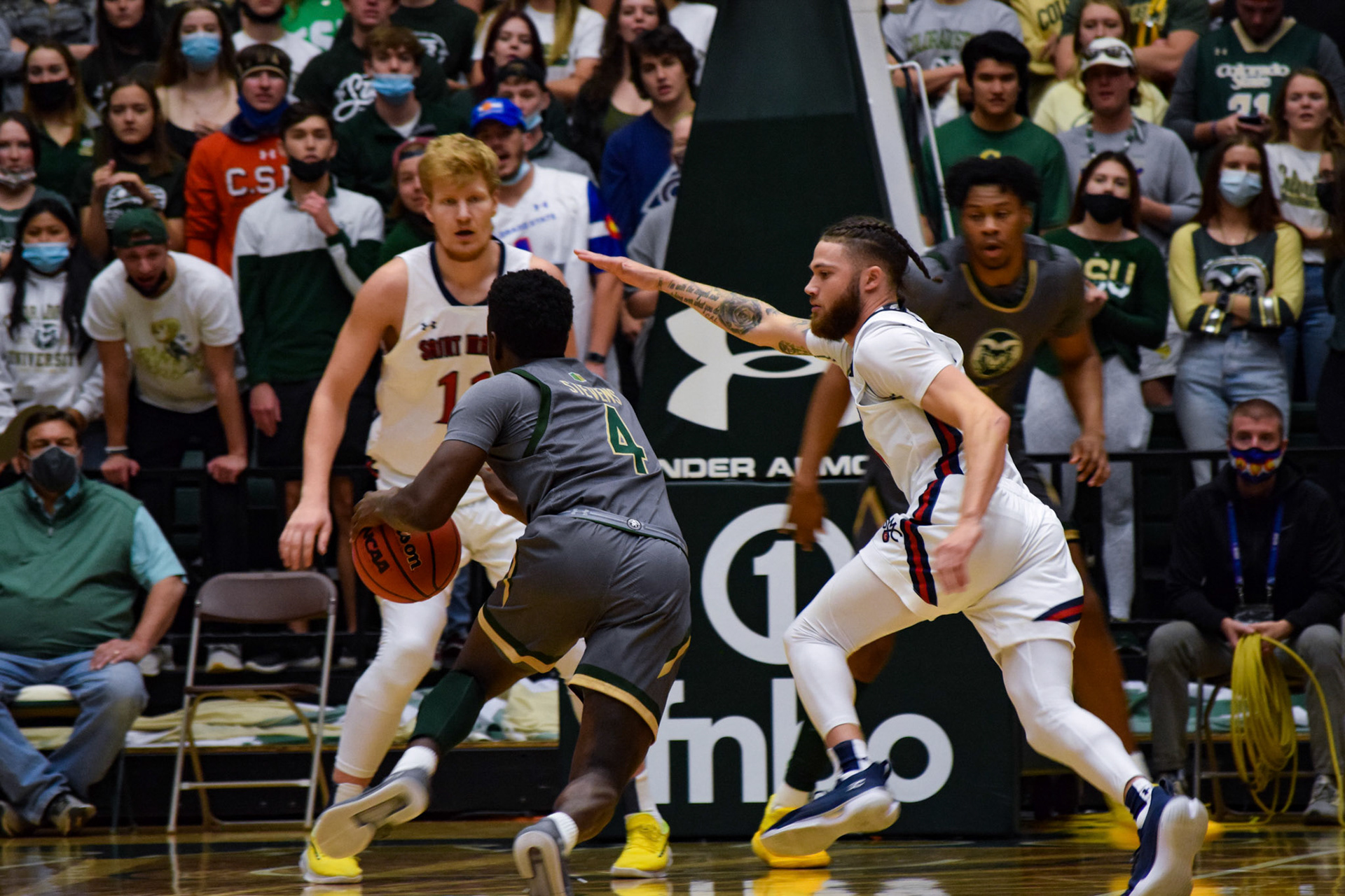Isaiah Stevens dribbling in for a layup