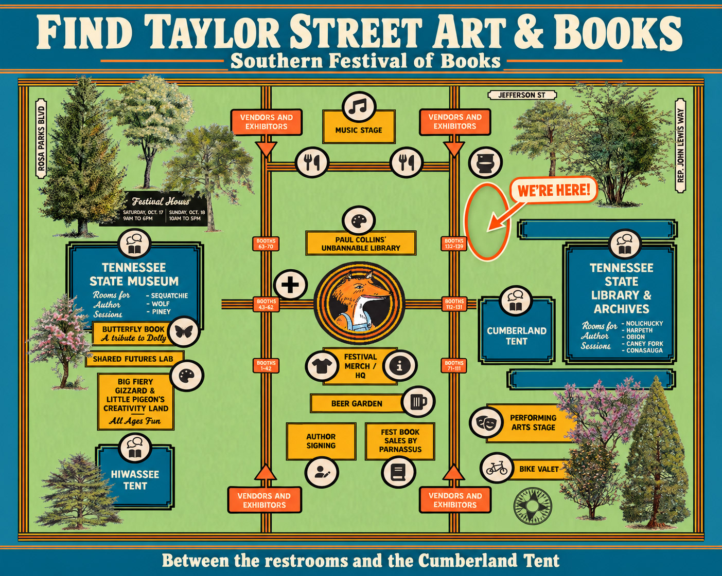 Southern Festival of Books map highlighting Taylor Street Art & Books between the restrooms and Cumberland Tent, near the Tennessee State Library & Archives. An orange oval and “We’re Here!” arrow mark the location.