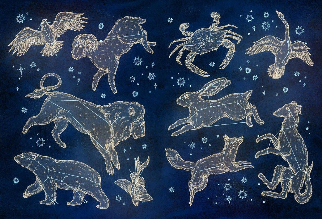Exclusive Jessica Roux art print included with preorders of The Collector’s Curio: A Sticker Treasury, featuring celestial animals in gold against a deep-blue night sky.