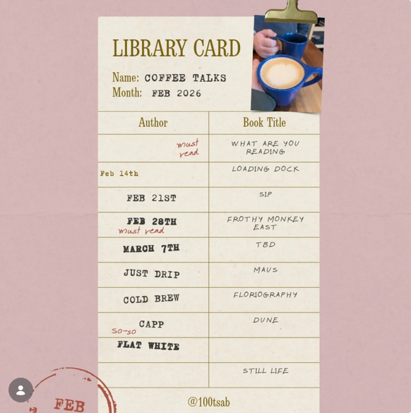 A library card for Taylor Street Art and Books weekend coffee talks