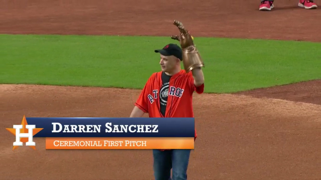 Sanchez throws the first pitch at the Astros game on Marvel Day 2018.