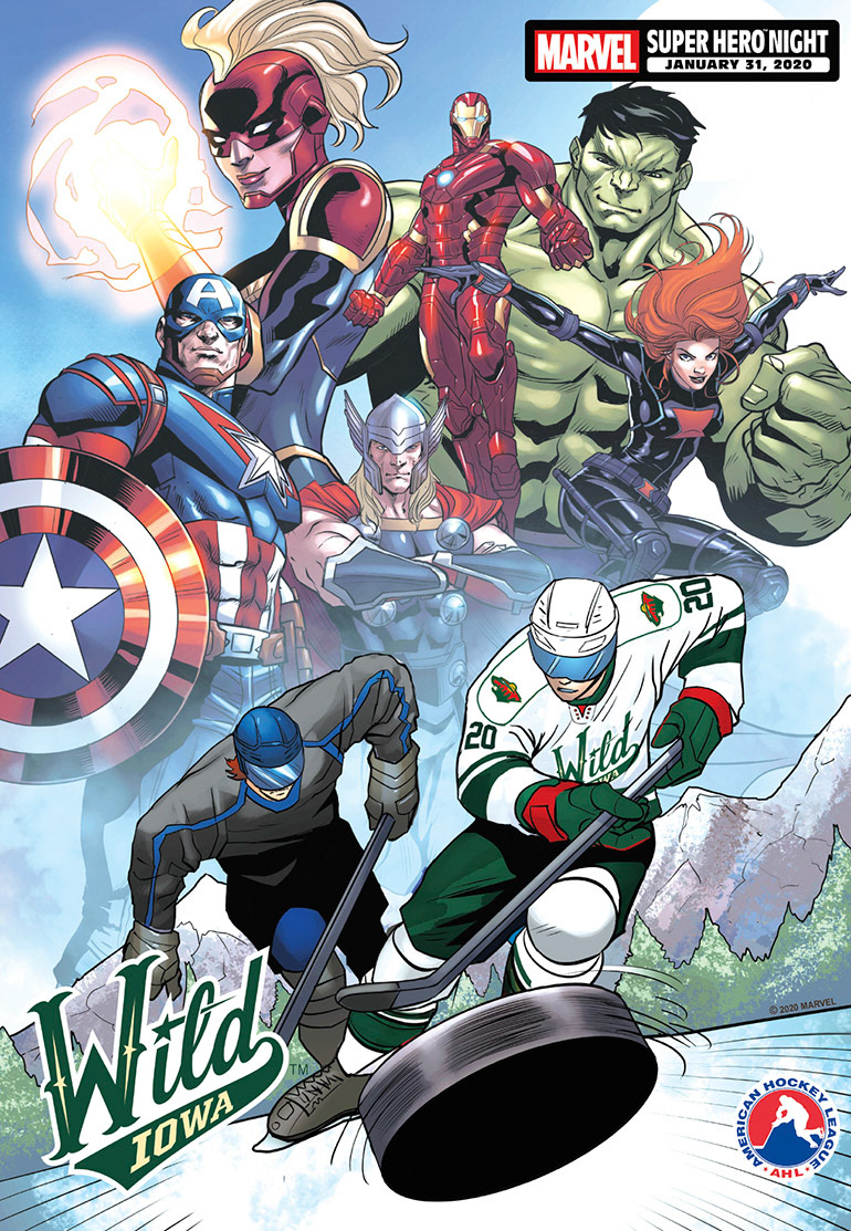 Minor league hockey Marvel posters are regularly created to support Marvel Day activations.