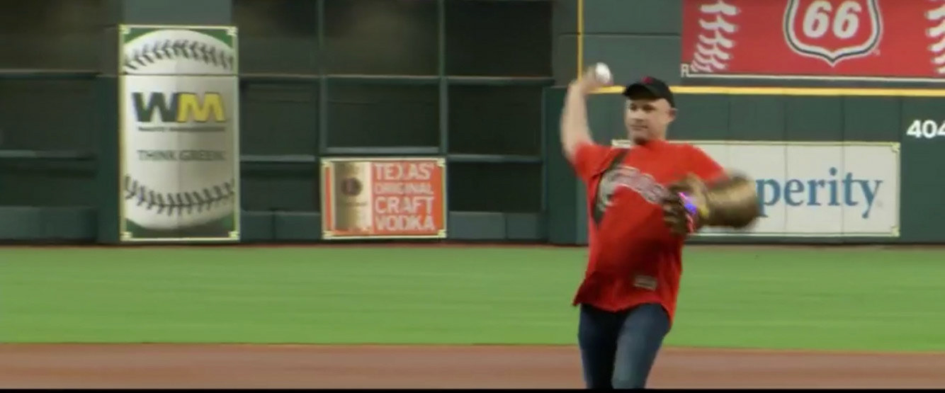 Sanchez throws the first pitch at the Astros game on Marvel Day 2018.