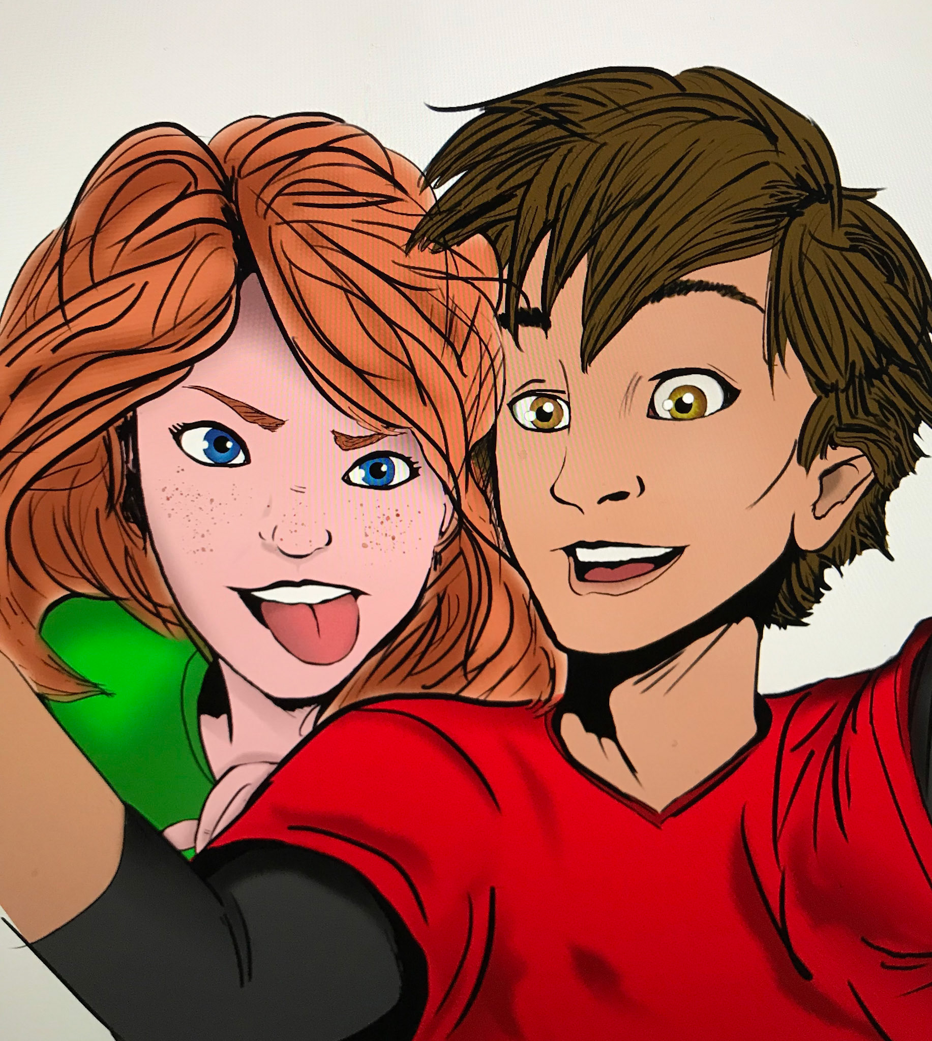 A digital sketch by Darren Sanchez of Robbie and Kelly from Foxwood Falcons, used in class.