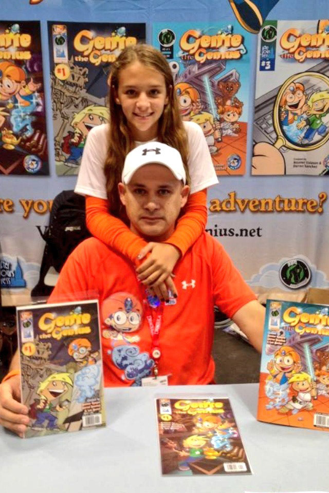 The Genie booth at NYCC, writers Darren & Emily Sanchez