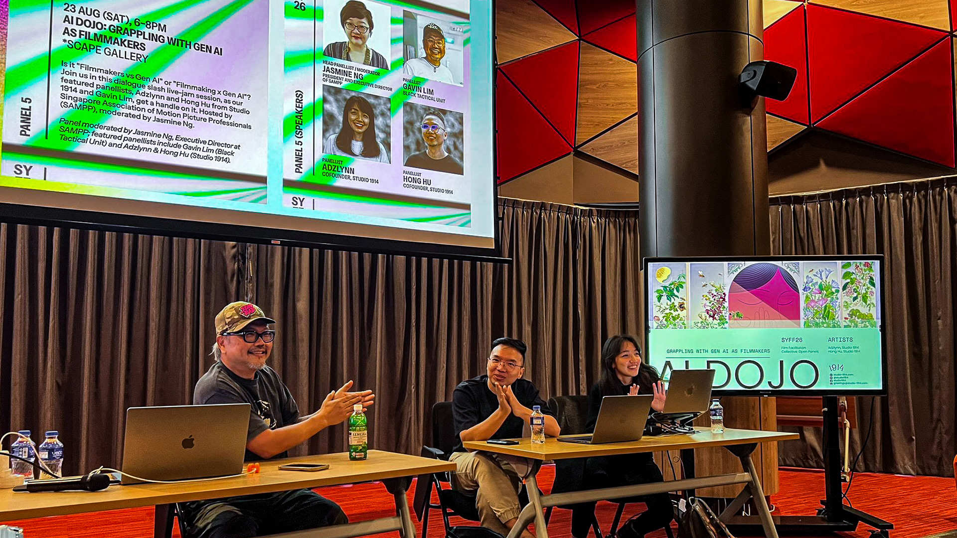 Panel moderated by Jasmine Ng, Executive Director at SAMPP; featured panellists include Gavin Lim (Black Tactical Unit) and Adzlynn & Hong Hu (Studio 1914)