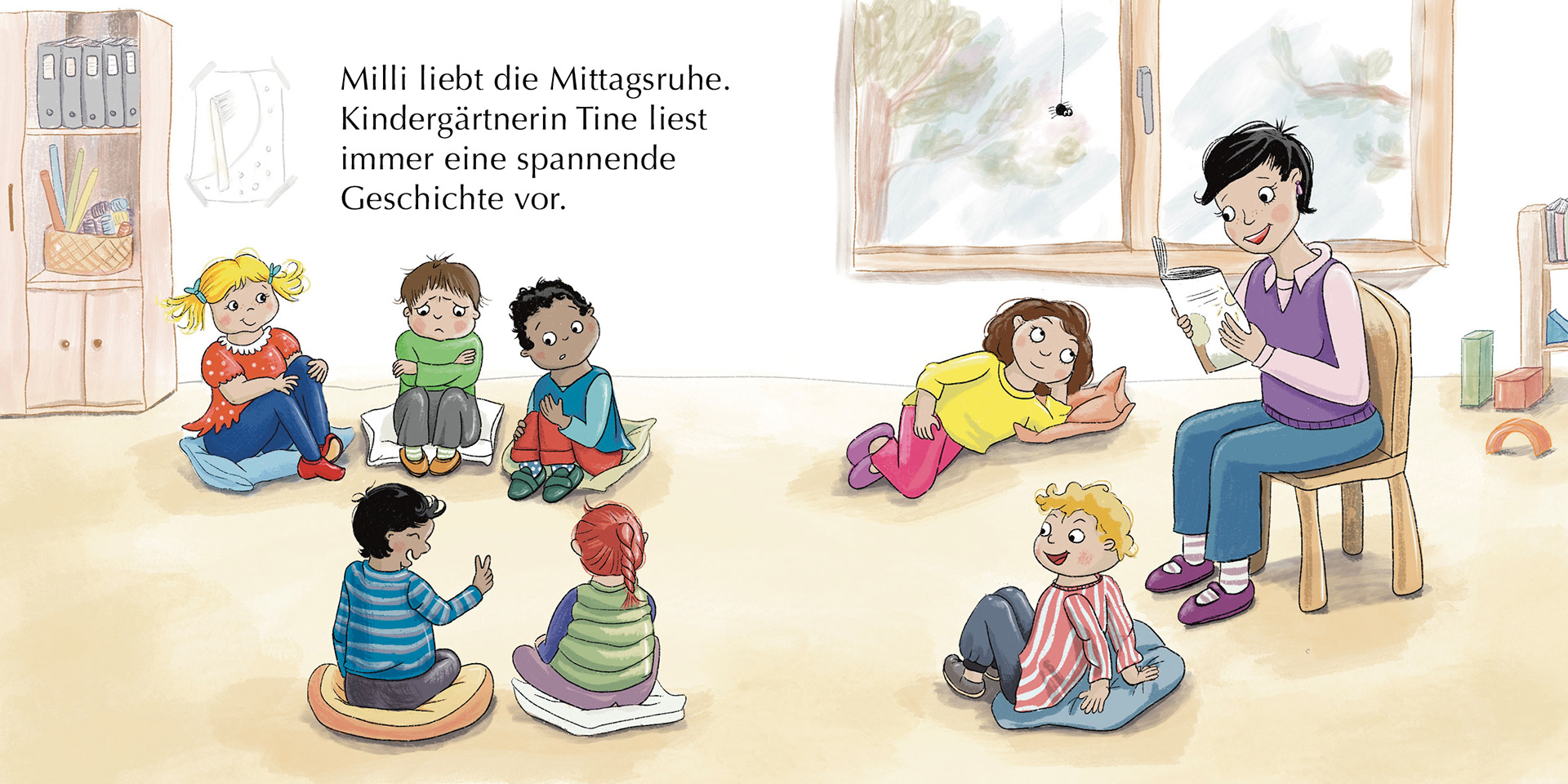 Kindergarten Kinder Illustration beim Vorlesen. Liebevoll illustriert von Kinderbuchillustratorin Elena Bauer