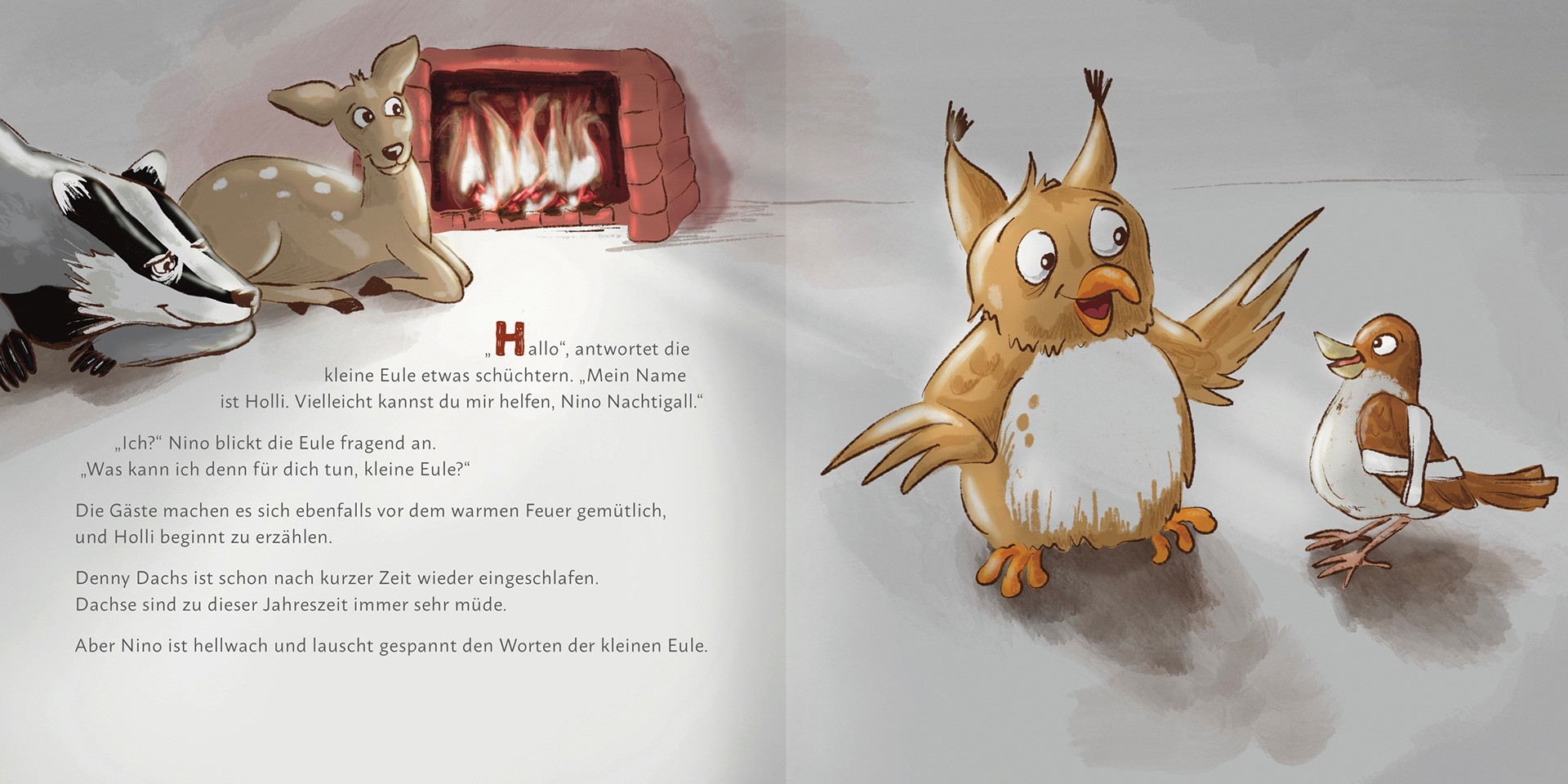 elena bauer kinderbuchillustration buchsatz singende eulen gibts ja wohl kamin feuer reh dachs vogel