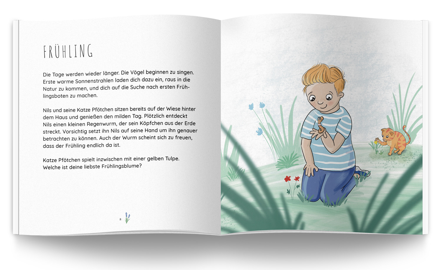 Junge mit Regenwurm auf Blumenwiese. Frühlingsillustration Elena Bauer