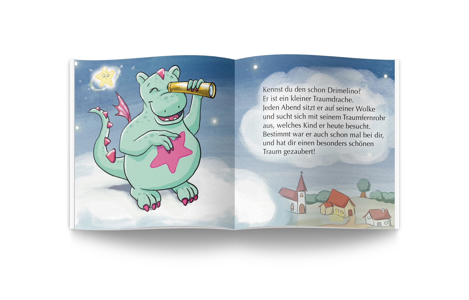 Kinderbuchillustration von Elena Bauer. Traumdrache sitzt auf Wolke und schaut mit Fernrohr auf kleines Dorf in der Nacht