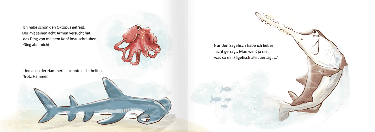 elena bauer illustration die schildkrötenkönigin von wolfgang glagla kinderbuchillustration hammerhai oktopus schwertfisch sägefisch