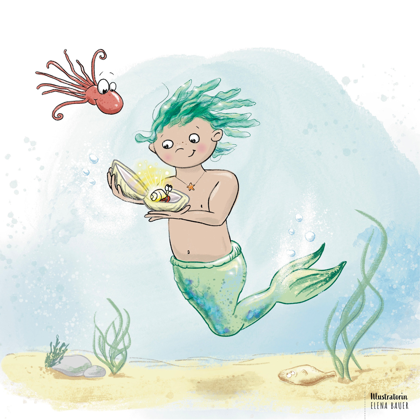 Meerjunge mit Muschel am Meeresgrund. Kinderbuchillustration von Elena Bauer