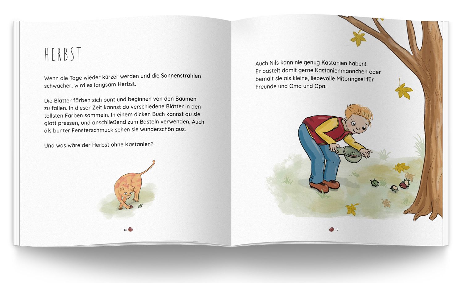 Kinderbuch Visualisierung zum Thema Herbst und Kastanien sammeln von Illustratorin Elena Bauer