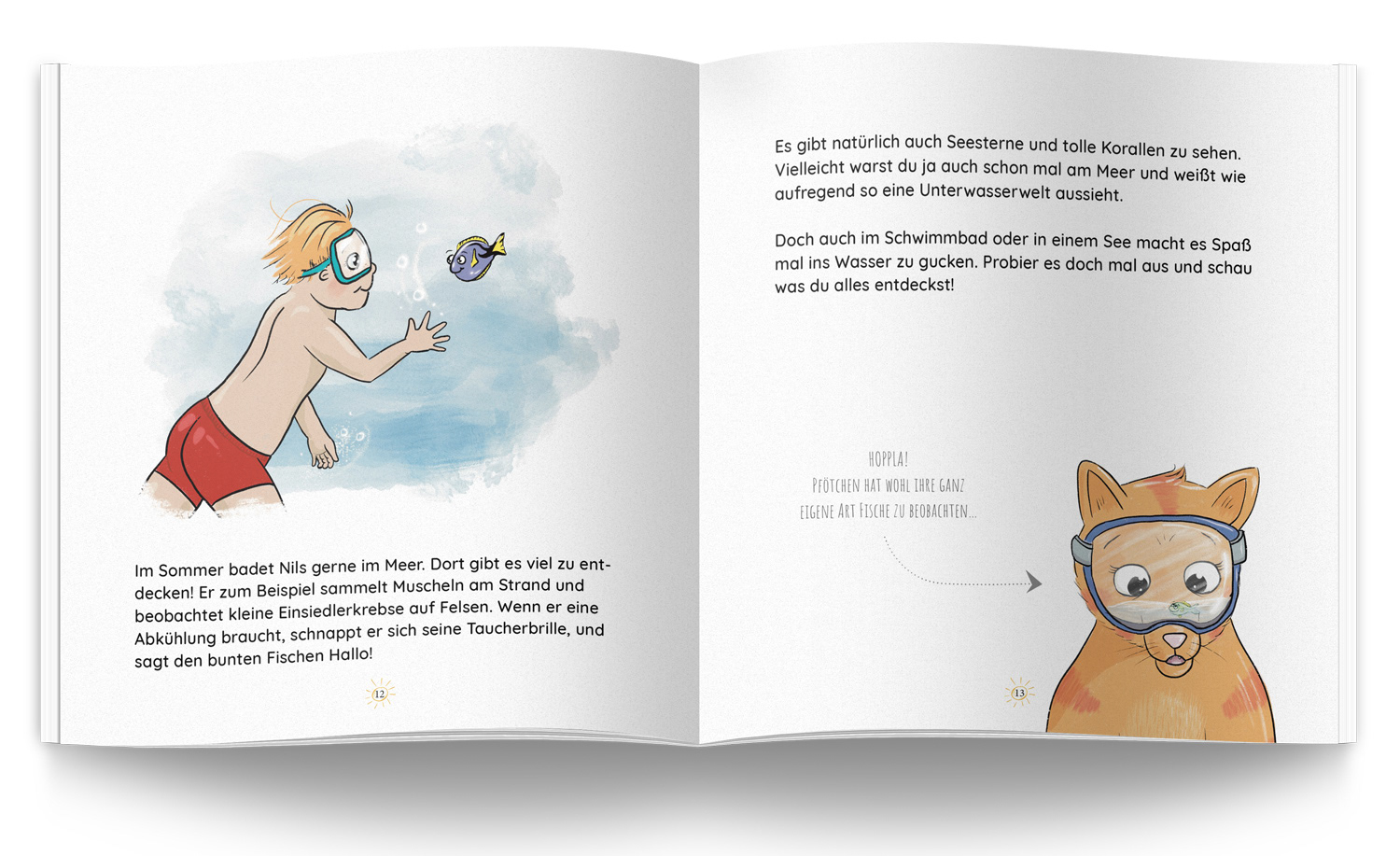 Kinderbuchillustration Sommer. Katze mit Taucherbrille. Illustrationen von Elena Bauer