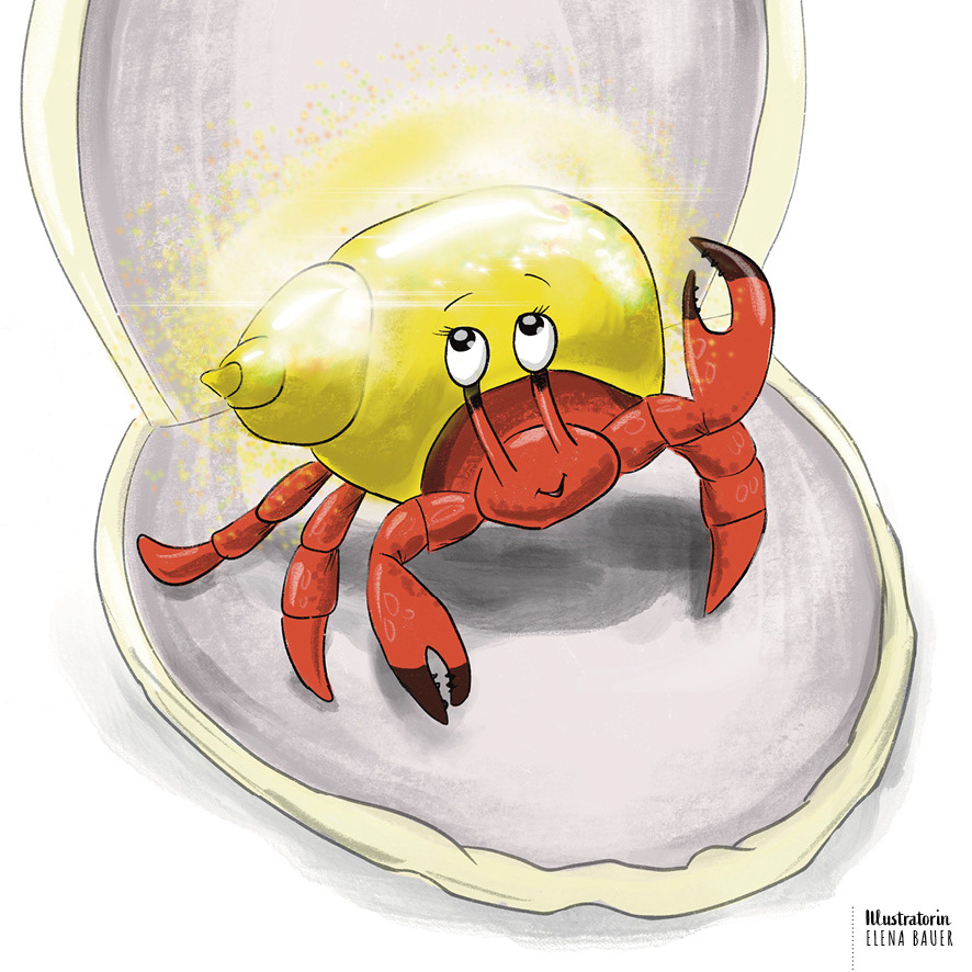 Einsieldlerkrebs in Muschel. Kinderbuchillustration von Elena Bauer