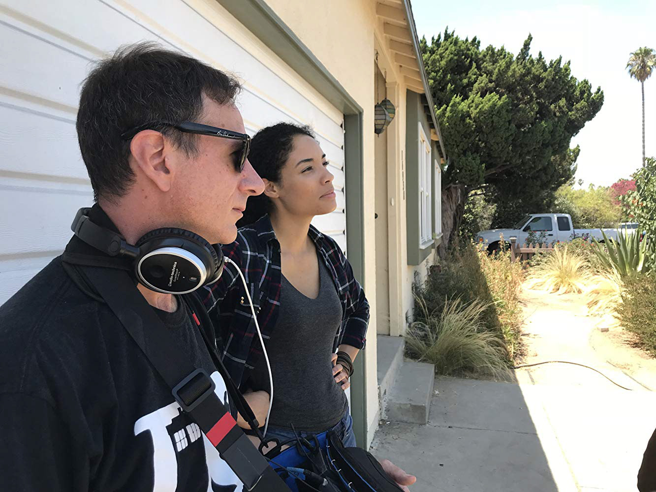 Staying cool! Boom operator Erik Goodrich and the super talented Murray Gray catching a little shade.