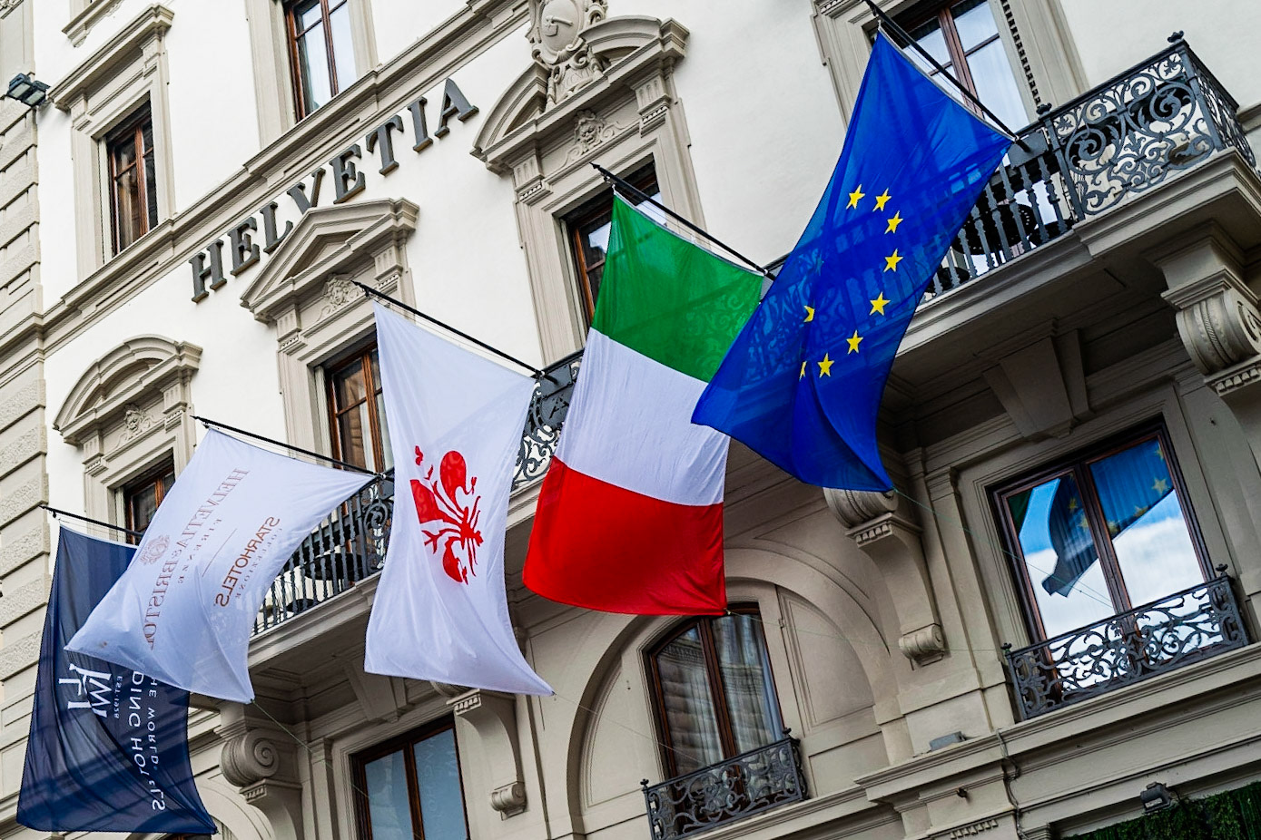 Flags of Hotel, Florence, Italy, & European Union