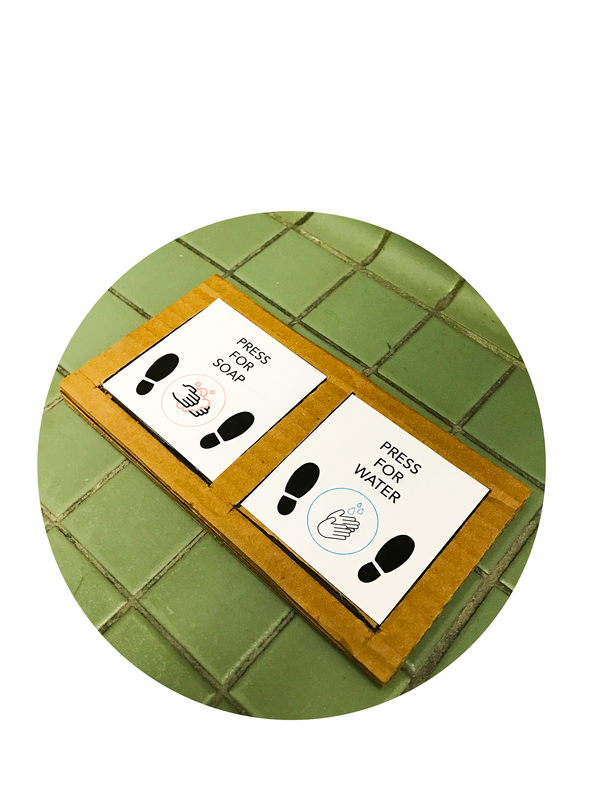 Push buttons located on the floor to be pushed by foot for soap + water