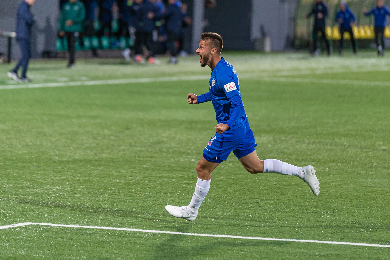 FC SLOVAN futbolininkas švenčia antrą įvartį UEFA EUROPOS Lygos atrankos rungtynėse prieš Vilniaus Riterius