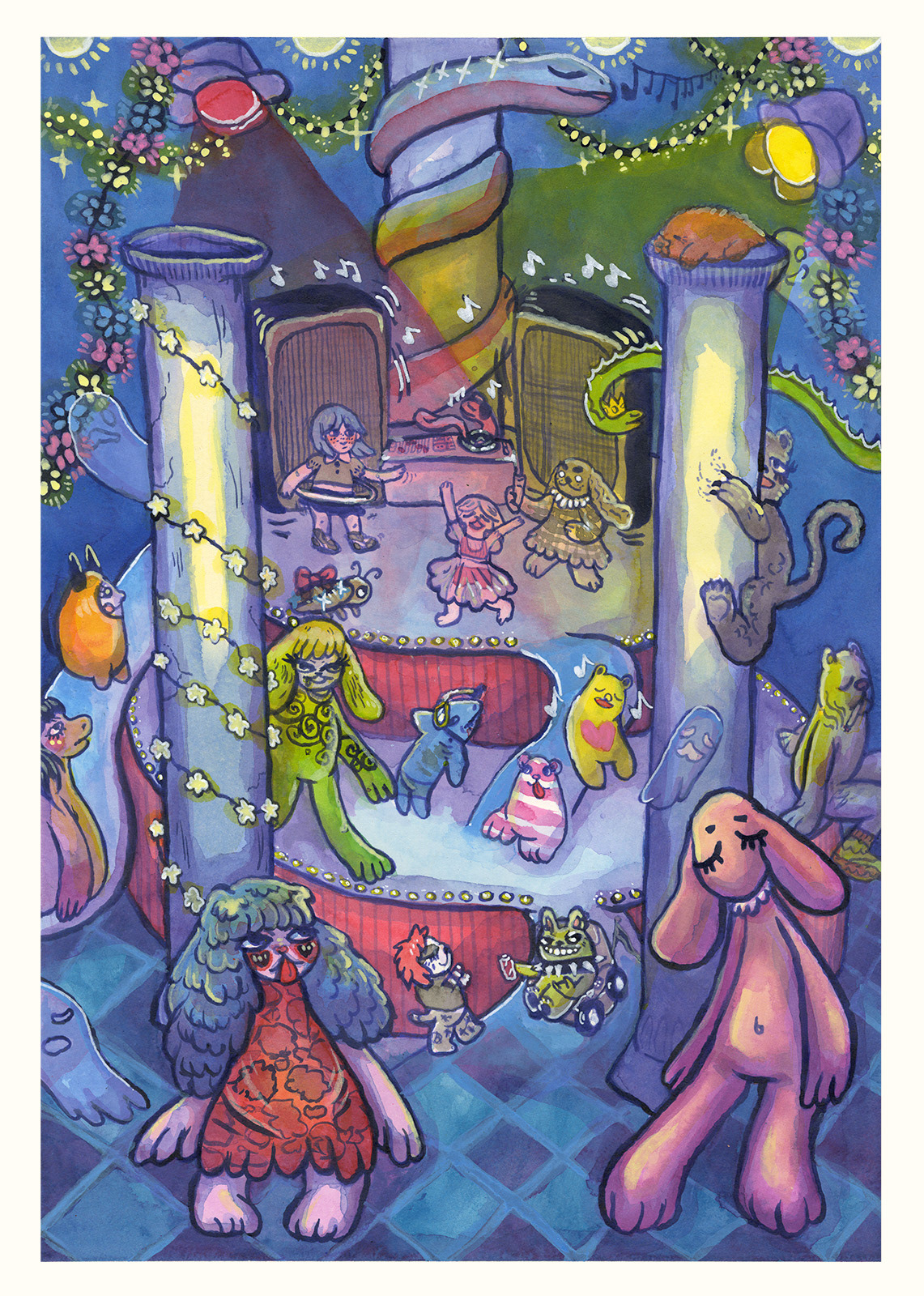 Party, Ink and Posca Marker on 300gsm Aquarelle Watercolour Hot Pressed paper, A3. Worldbuilding series: A surreal and adorable party featuring a myriad of guests - ruminating in lockdown on the idea of communities coming together and supporting one another, and really longing for that celebratory connection.