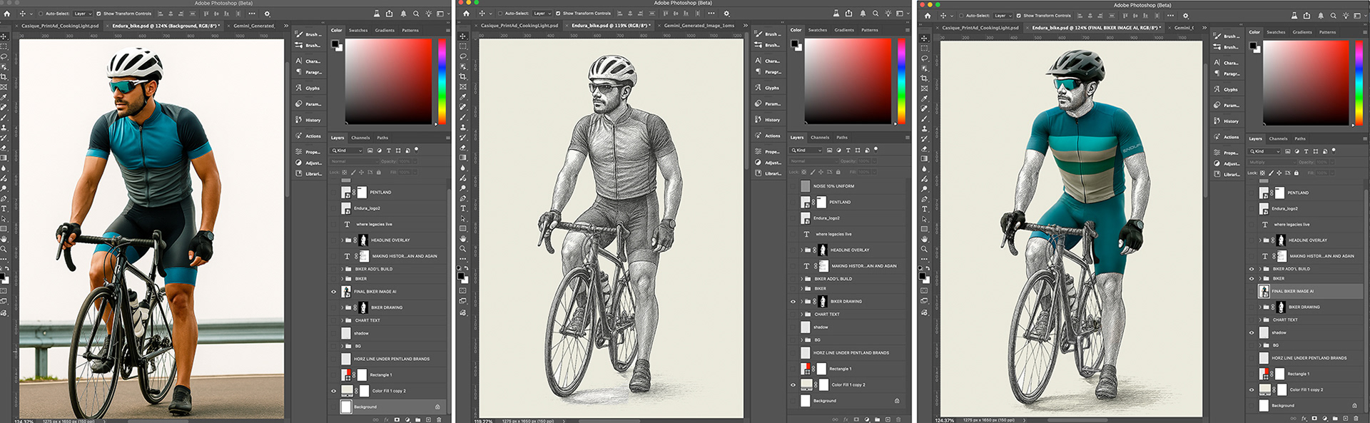 The process started with an AI-generated cyclist in Gemini. I then used ChatGPT to transform it into a pen-and-ink drawing, based on a reference illustration I provided for style.
