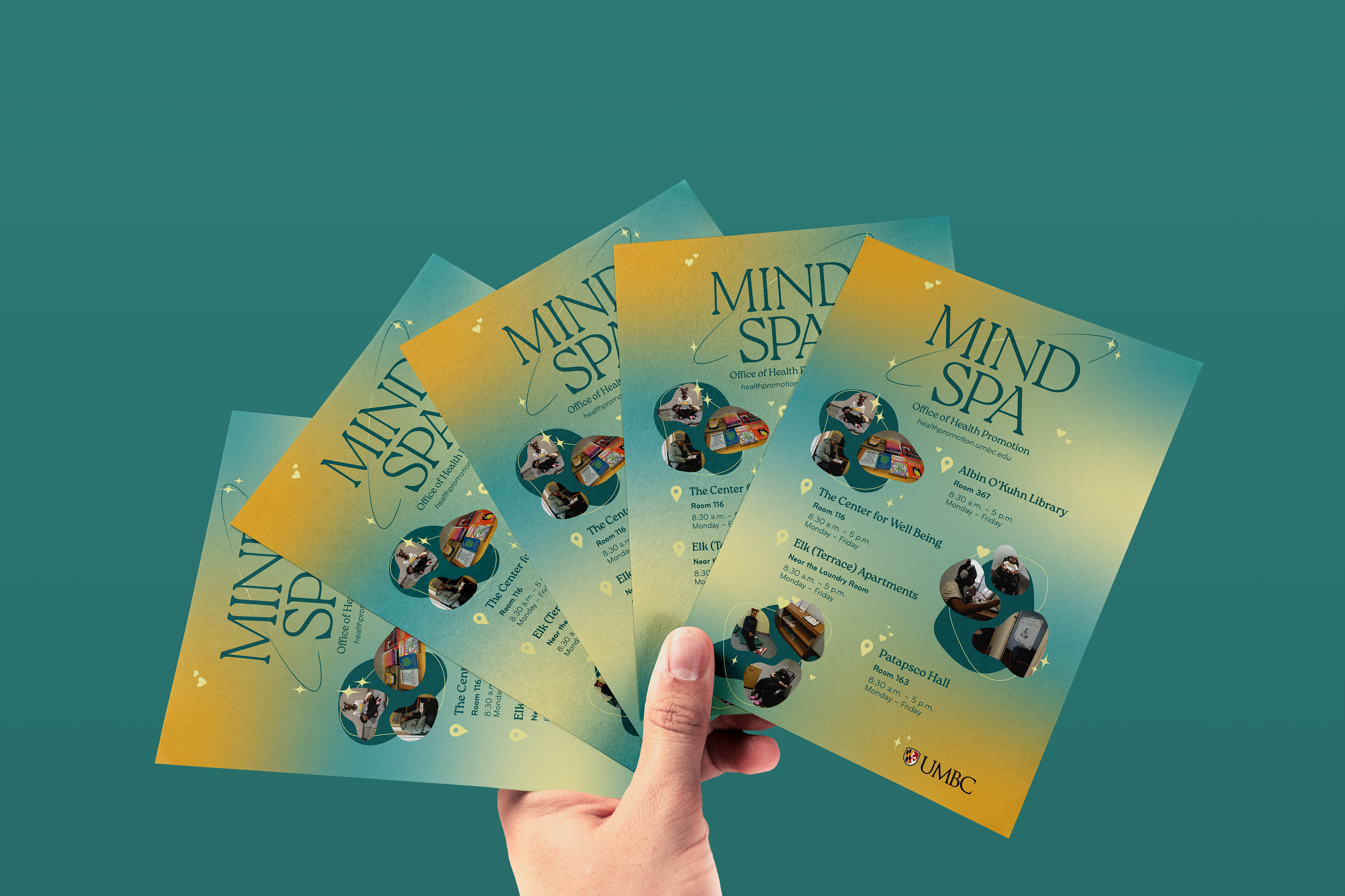 Mind Spa design applied to a postcard flyer for easy grab-and-go in high traffic areas.