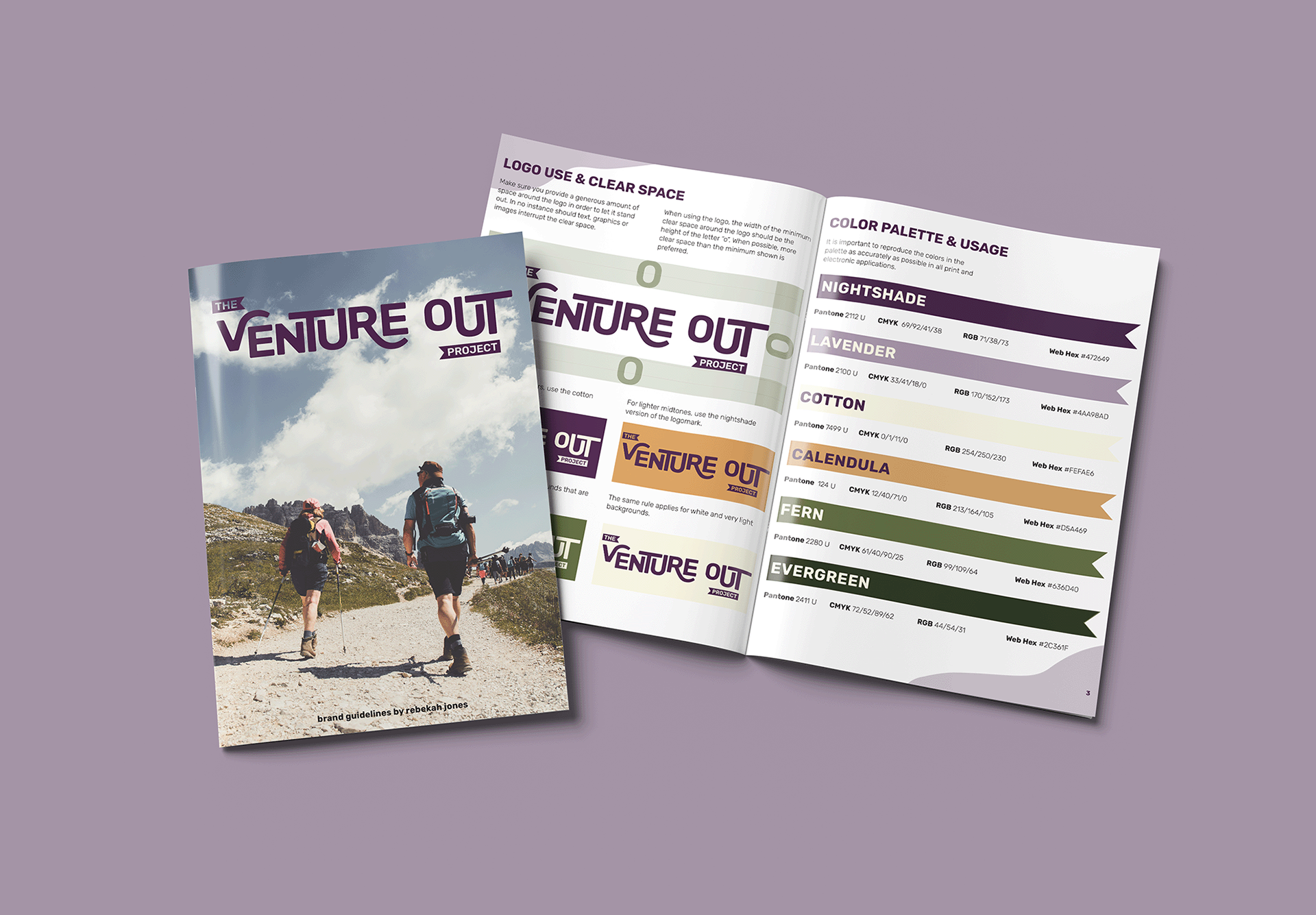 Front cover and opening spread (Logo Use & Clear Space, Color Palette) of the brand guidelines booklet.