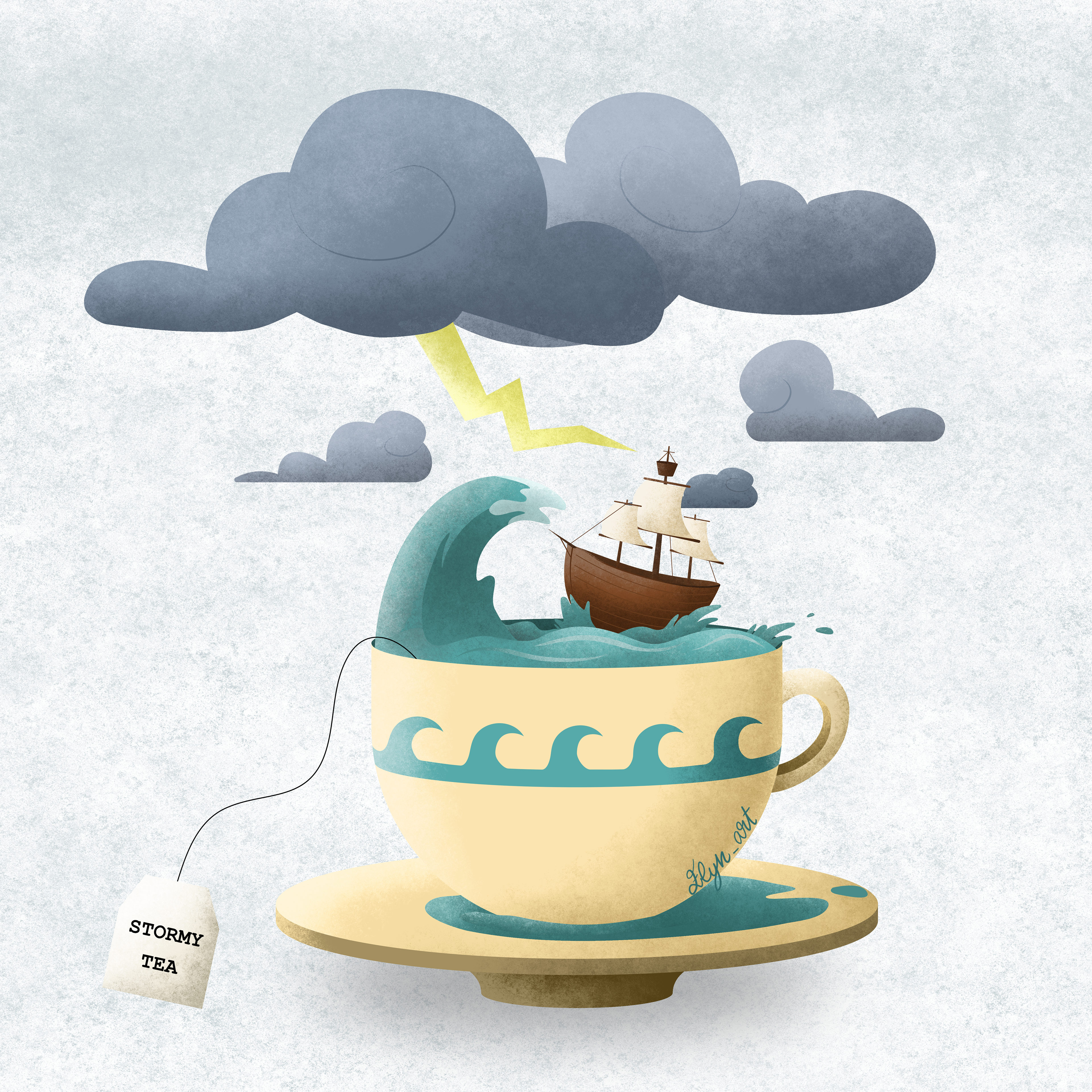 I drew this sailing ship in the stormy sea inside a teacup as the first drawing of a series of teacups that I decided to make.