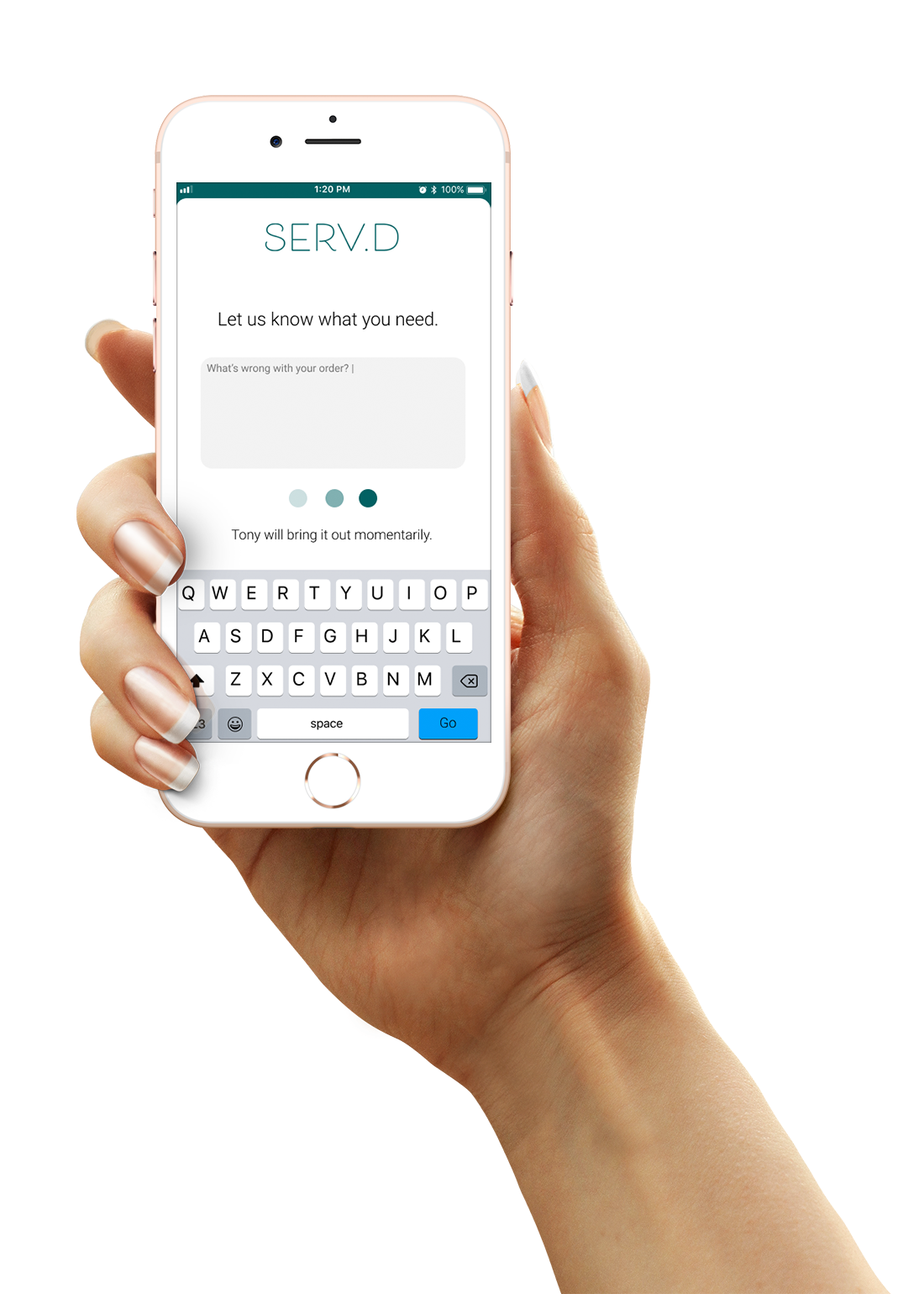 Most online apps end their experience as soon as the customer has paid and picked up their food, but serv.d continues the hospitable experience past that point; push notifications are sent to the customer after receiving their meal to check up on them, similarly to how a server would walk by a table and ask if everything is okay. By having a good experience even after the restaurant has been paid, the customer feels more valued and respected.