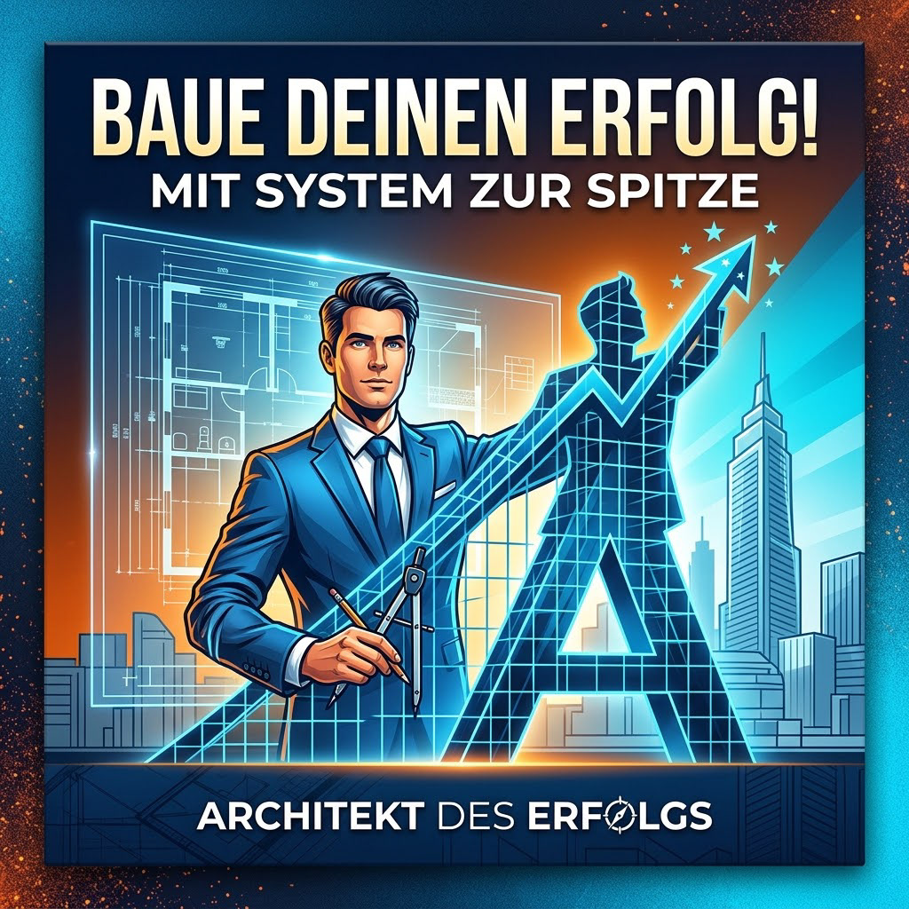 Werbegrafik mit dem Titel „BAUE DEINEN ERFOLG! MIT SYSTEM ZUR SPITZE“. Ein Geschäftsmann im blauen Anzug hält einen Zirkel neben einem leuchtenden Buchstaben „A“, der in einen aufsteigenden Erfolgspfeil übergeht. Im Hintergrund sind architektonische Baupläne und eine Skyline zu sehen. Unten steht der Markenname „ARCHITEKT DES ERFOLGS“.