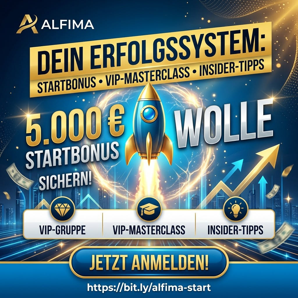 Werbegrafik für das "ALFIMA" Erfolgssystem, mit einem zentralen Visual einer startenden Rakete vor einem futuristischen Stadtbild. Oben der Text "DEIN ERFOLGSSYSTEM: STARTBONUS • VIP-MASTERCLASS • INSIDER-TIPPS". Großer Text neben der Rakete wirbt für "5.000 € STARTBONUS SICHERN!" und "WOLLE". Darunter drei Symbole mit Beschreibungen: "VIP-GRUPPE", "VIP-MASTERCLASS" und "INSIDER-TIPPS". Fliegende Geldscheine und aufsteigende Pfeile. Am unteren Rand ein großer blauer Button "JETZT ANMELDEN!" und der Link "https://bit.ly/alfima-start".