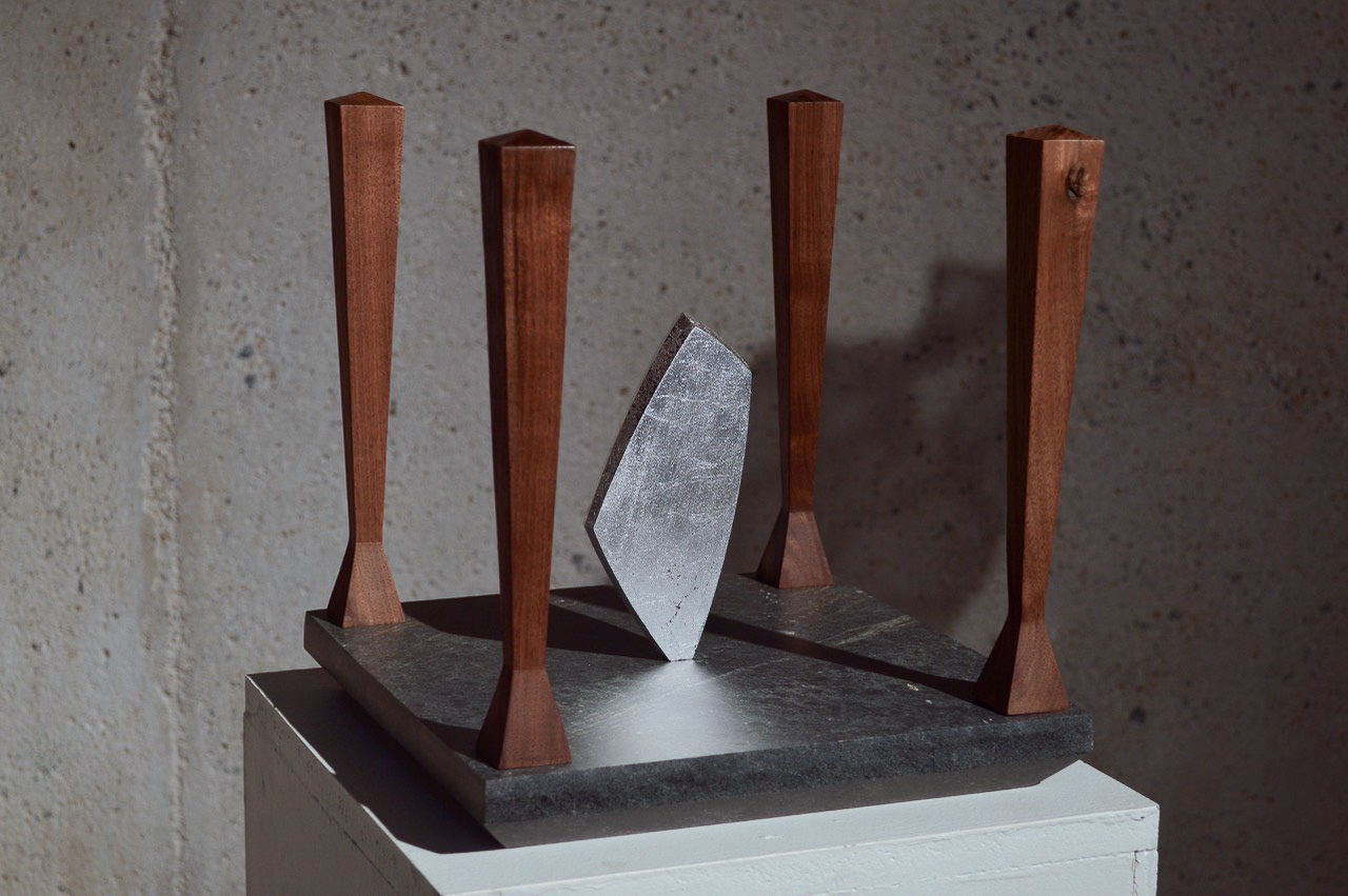 "Monument 3." Stone, wood, acrylic, aluminum leaf. 2018