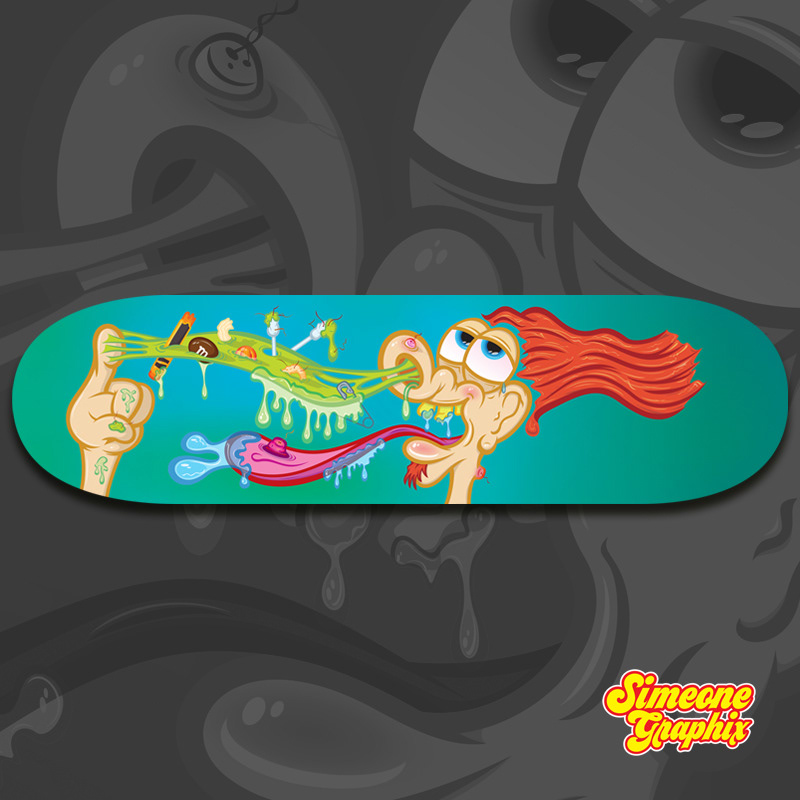 skateboard artwork of a guy picking his nose