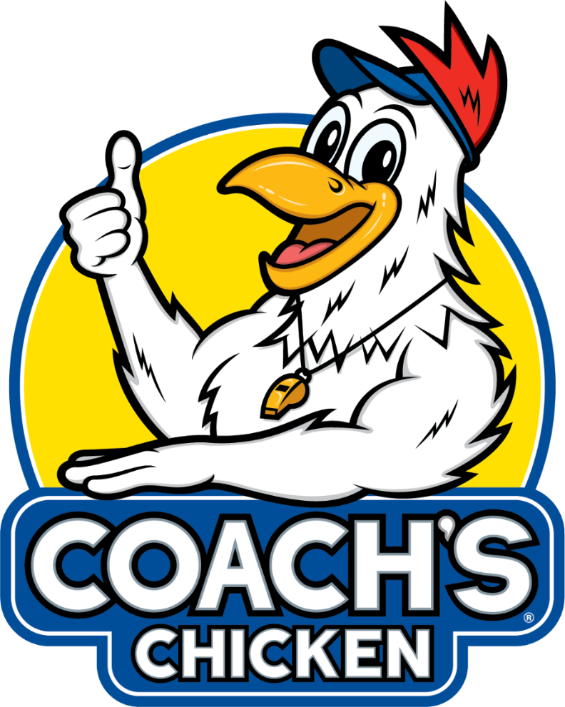 Coach’s Chicken mascot logo featuring stylized chicken character and custom wordmark