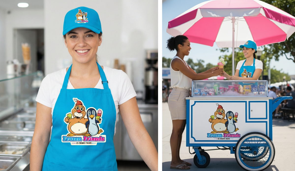 Mascot logo design on apron, hat and ice cream cart