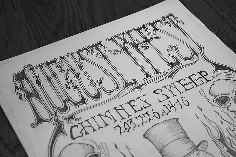 Rick Griffin psychedelic style  hand drawn letterforms by designer and illustrator Lou Simeone detail image of the lettering