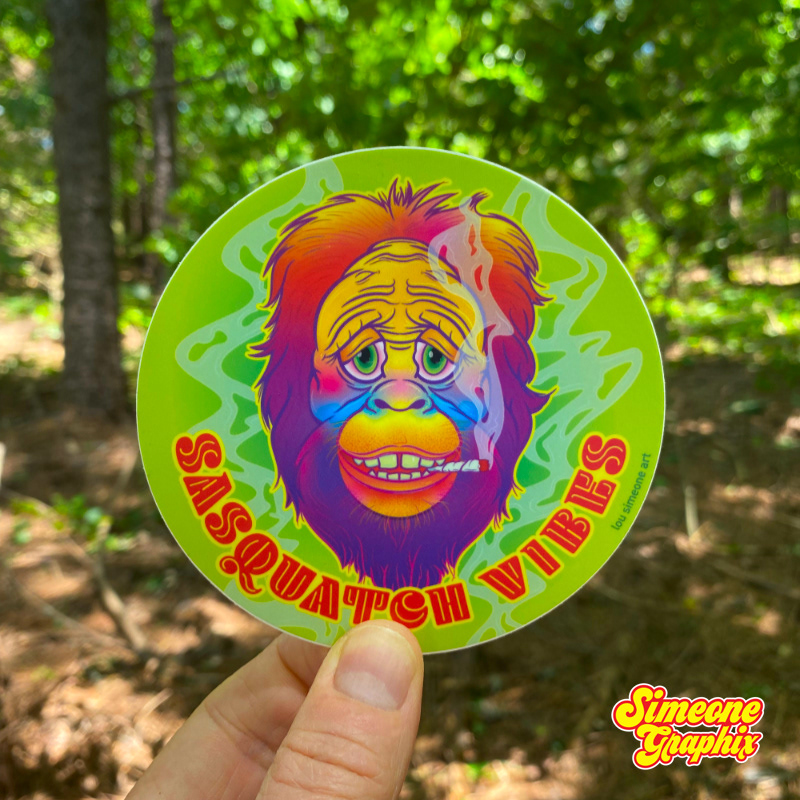 Sasquatch Vibes Vinyl Sticker of Colorful Bigfoot Smoking a Joint