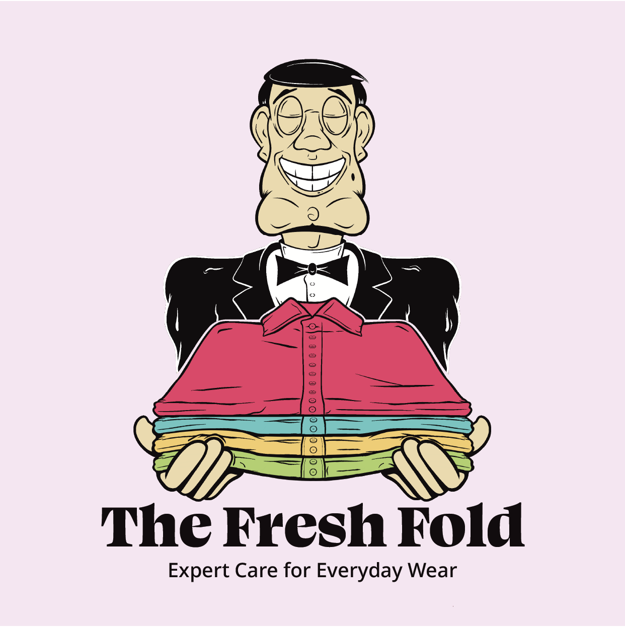 Mascot logo for 'The Fresh Fold' laundromat featuring a smiling man in a tuxedo holding a stack of crisp, pressed dress shirts. Includes the tagline 'Expert Care for Everyday Wear.
