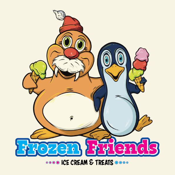 Professional logo illustration for an ice cream brand; mascot logo featuring a walrus and penguin duo. A cheerful, high-quality character illustration for Frozen Friends.