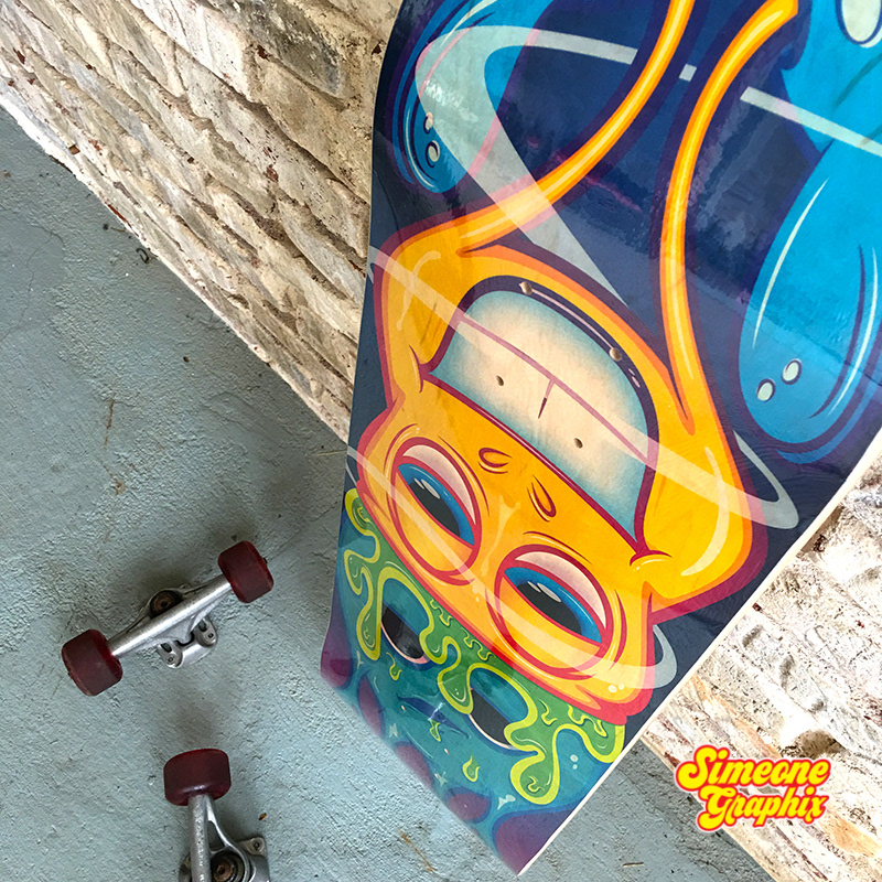 simeone graphix brainwash skateboard deck leaning on brick wall 003