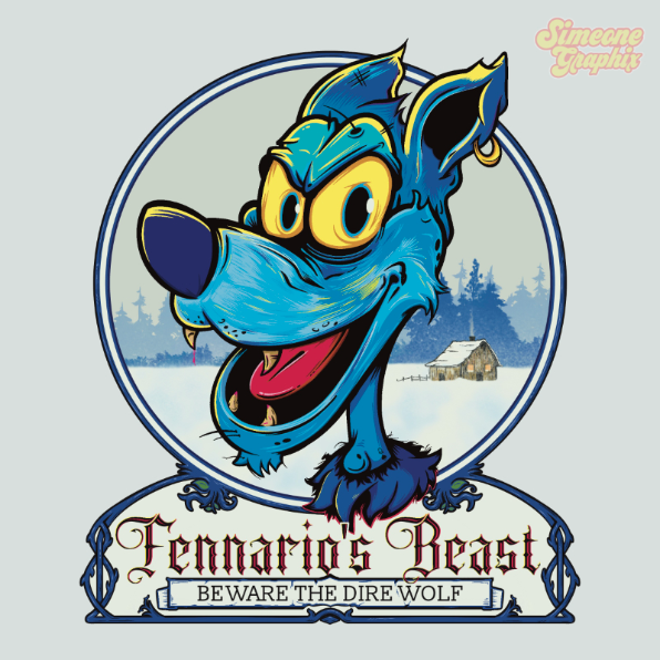 Mascot logo illustration of a Dire Wolf; stylized character art inspired by the Grateful Dead song. High-impact wolf illustration for apparel or music branding.