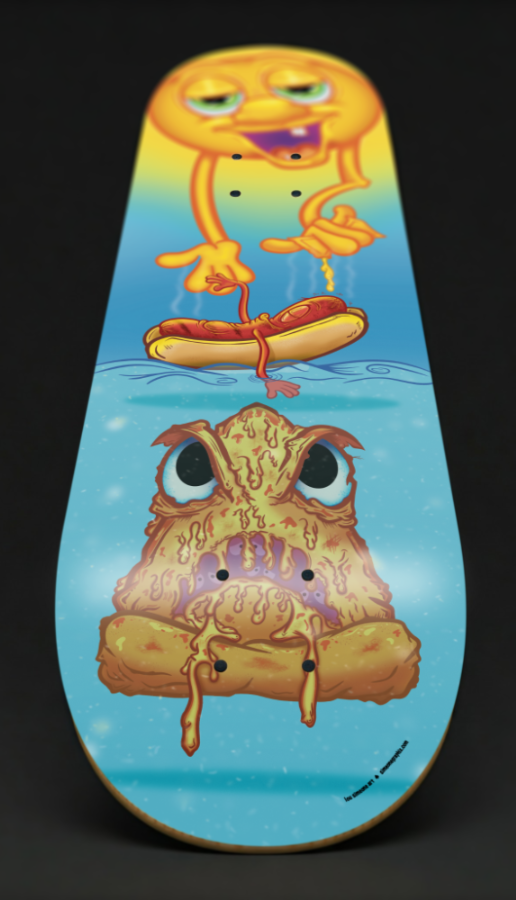 Pizza Bites Skateboard art designed and illustrated by Lou Simeone