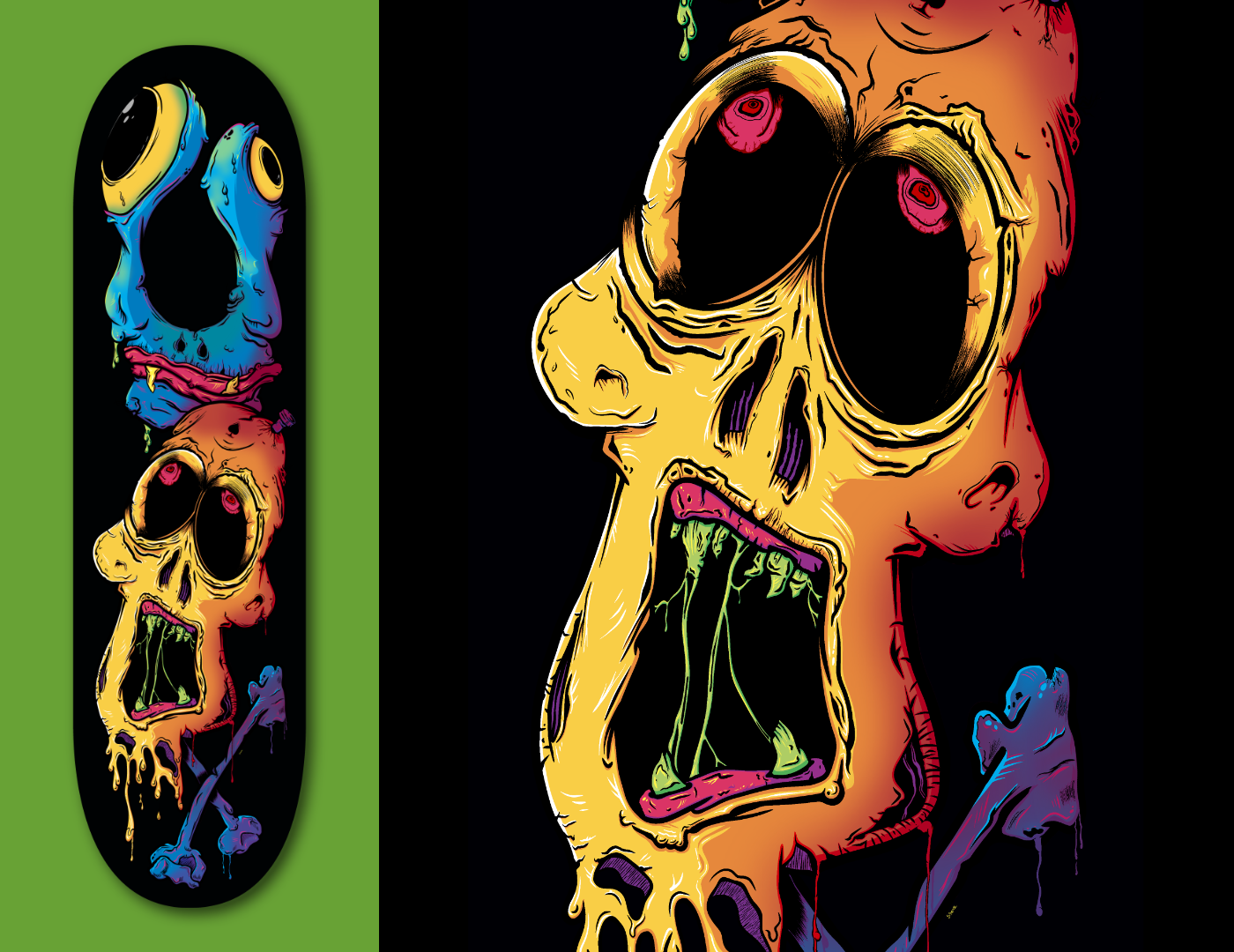 galactic nightmare skateboard deck and detail shot of skull