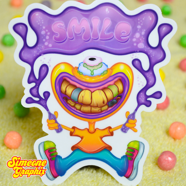 Mascot logo illustration in a classic gross-up cartoon style; a cyclops kid with highly detailed rotten teeth and grape soda. Inspired by the Ren & Stimpy and SpongeBob aesthetic.
