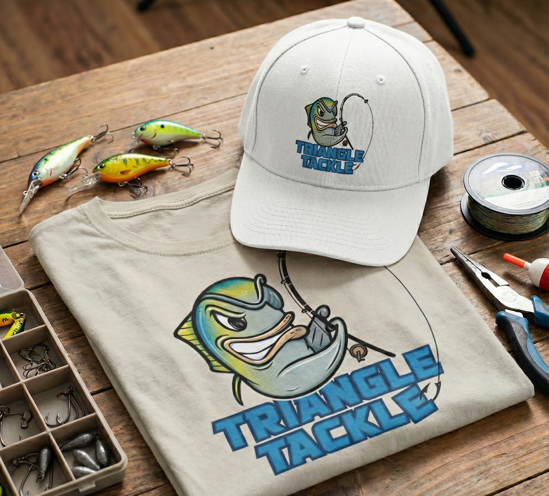 fishing brand mascot logo applied to apparel mockup