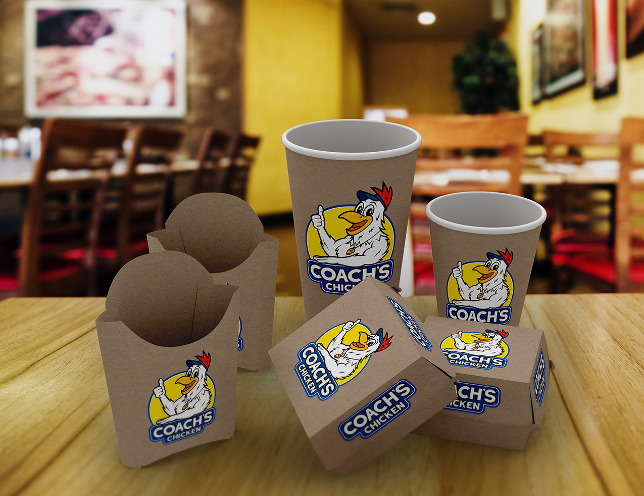 Mascot Logo Design applied to restaurant  french fry, hamburger cartons and cups