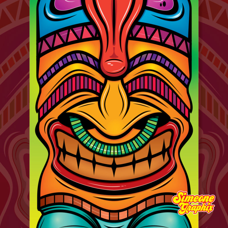 detail of colorful tiki skateboard deck