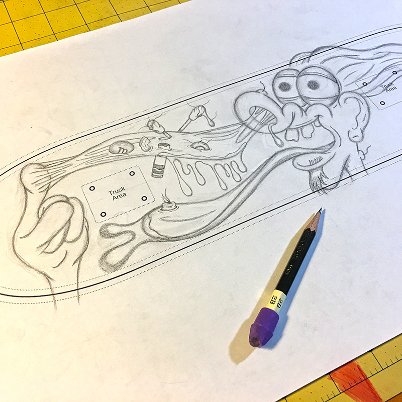 pencil sketch of fun skateboard artwork