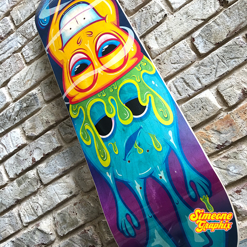 simeone graphix brainwash skateboard deck leaning on brick wall 002