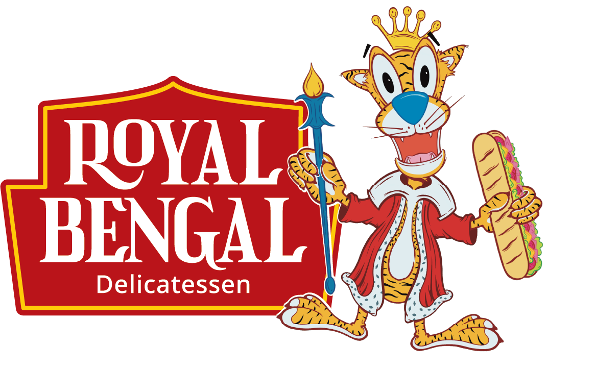 mascot logo branding for a deli called Royal Bengal Delicatessen
